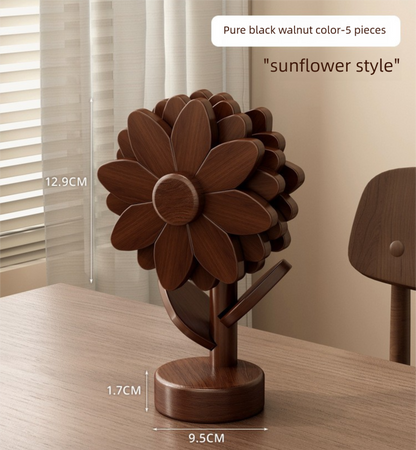5-Piece Floral-Shaped Trivet Set with Stand â€“ Wooden Heat Resistant Pad for Table, Dish, Pot or Cup(Walnut solid colour)