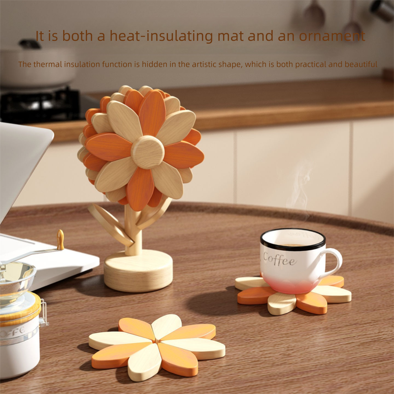 5-Piece Floral-Shaped Trivet Set with Stand â€“ Wooden Heat Resistant Pad for Table, Dish, Pot or Cup(Walnut solid colour)