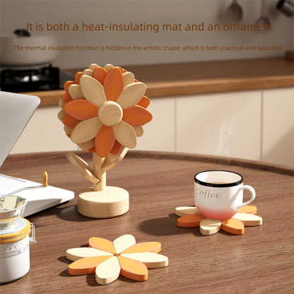 5-Piece Floral-Shaped Trivet Set with Stand â€“ Wooden Heat Resistant Pad for Table, Dish, Pot or Cup(Walnut solid colour)