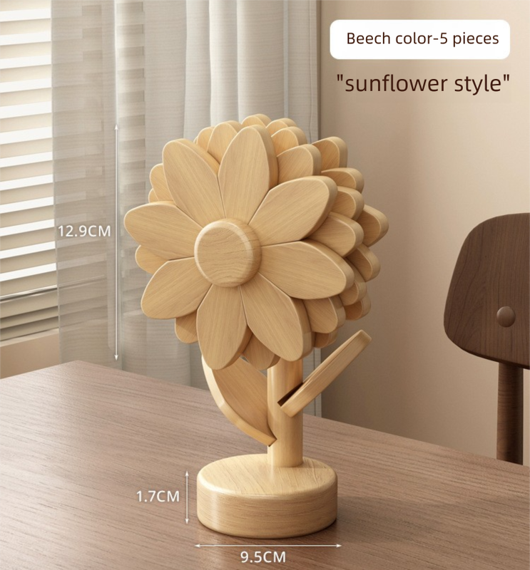 5-Piece Floral-Shaped Trivet Set with Stand â€“ Wooden Heat Resistant Pad for Table, Dish, Pot or Cup(Solid beech)