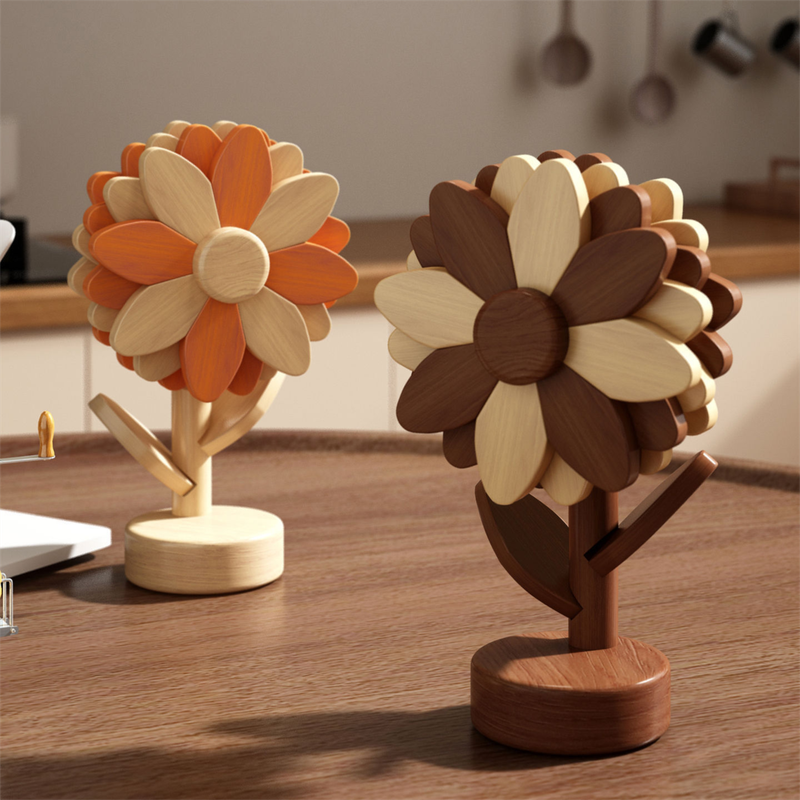 5-Piece Floral-Shaped Trivet Set with Stand â€“ Wooden Heat Resistant Pad for Table, Dish, Pot or Cup(Solid beech)