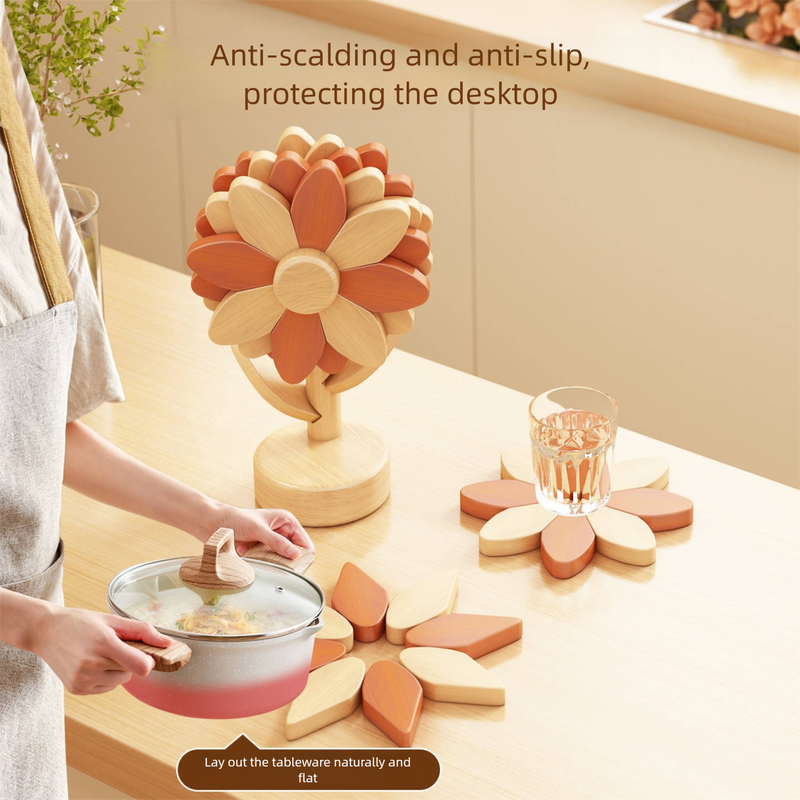 5-Piece Floral-Shaped Trivet Set with Stand â€“ Wooden Heat Resistant Pad for Table, Dish, Pot or Cup(Solid beech)
