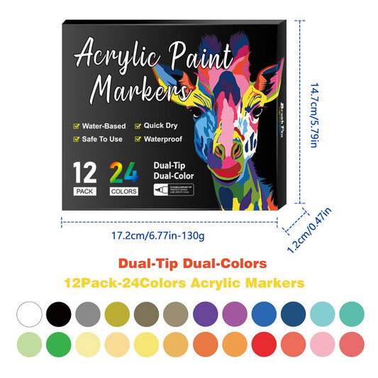 Dual-Tip Acrylic Markers â€“ 12-Pack, Water-Based, Quick-Dry, Waterproof, for Multi-Surface Writing and Coloring (24 Colors)
