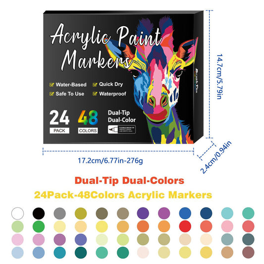 Dual-Tip Acrylic Markers â€“ 24-Pack, Water-Based, Quick-Dry, Waterproof, for Multi-Surface Writing and Coloring (48 Colors)