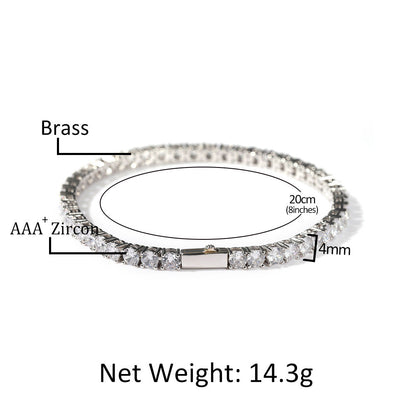 Silver Single-Row Zircon Bracelet â€“ 4mm Wide, Brass Base with Secure Clasp, AAA+ Stones for Everyday Wear