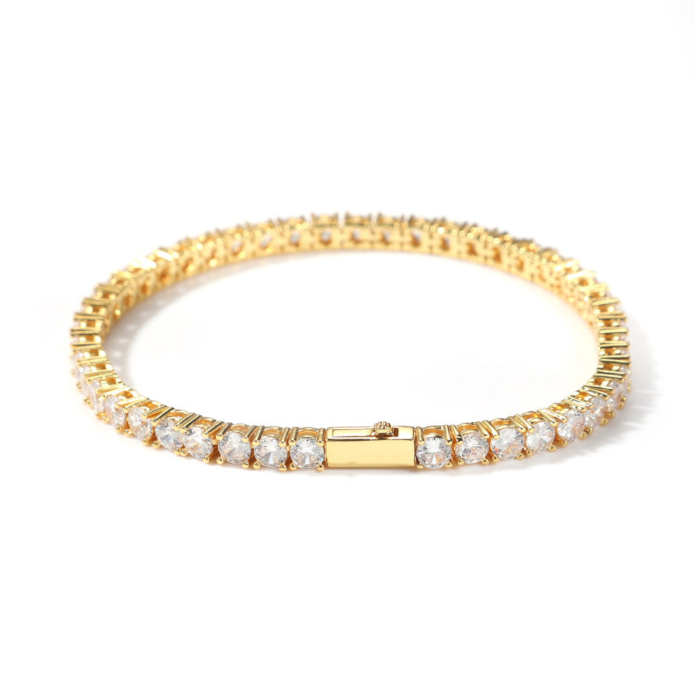 Gold Single-Row Zircon Bracelet â€“ 4mm Wide, Brass Base with Secure Clasp, AAA+ Stones for Everyday Wear