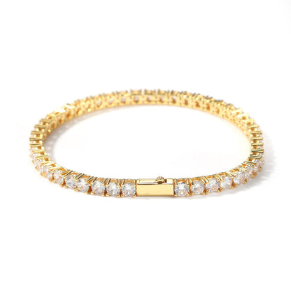 Gold Single-Row Zircon Bracelet â€“ 4mm Wide, Brass Base with Secure Clasp, AAA+ Stones for Everyday Wear