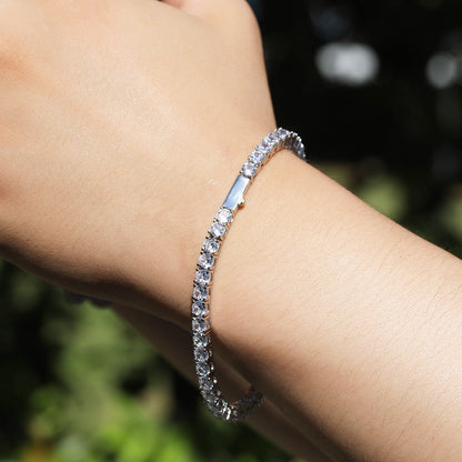 Gold Single-Row Zircon Bracelet â€“ 4mm Wide, Brass Base with Secure Clasp, AAA+ Stones for Everyday Wear