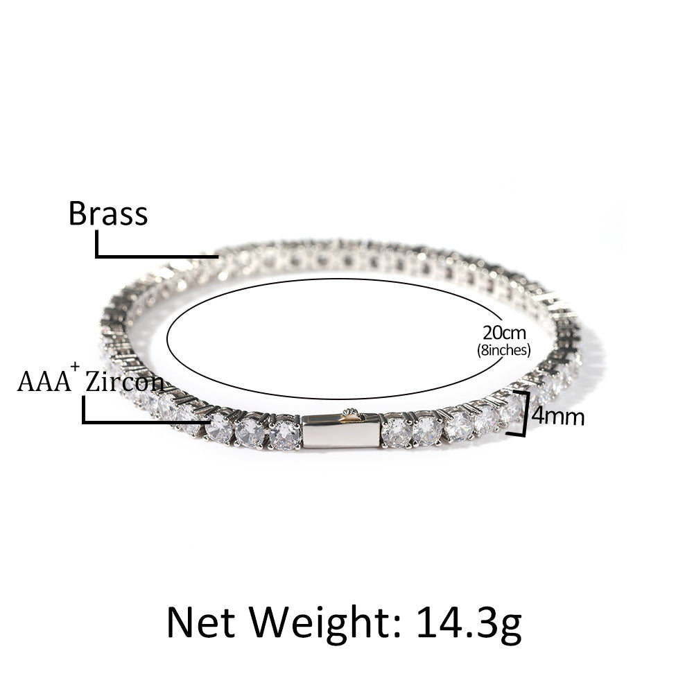 Gold Single-Row Zircon Bracelet â€“ 4mm Wide, Brass Base with Secure Clasp, AAA+ Stones for Everyday Wear