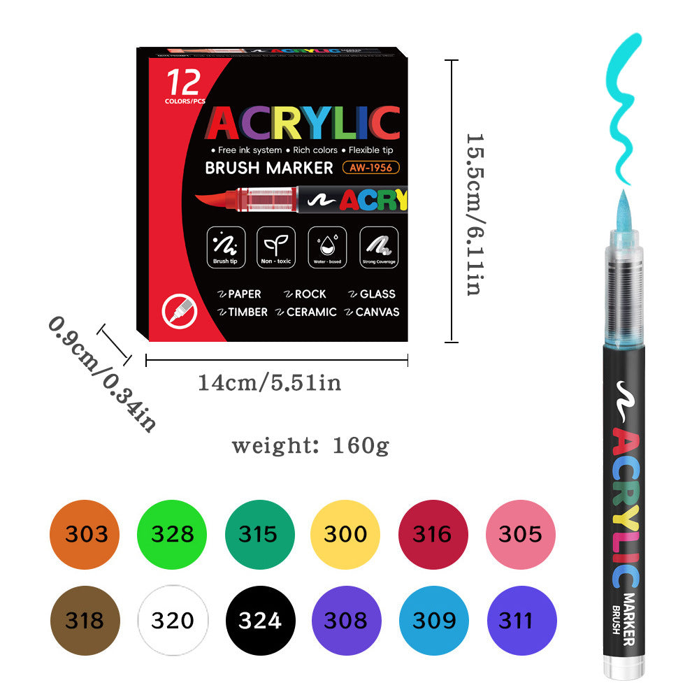 Acrylic Brush Marker â€“ 12-Pack, Water-Based Ink, Flexible Tip, for Multi-Surface Art and Labeling