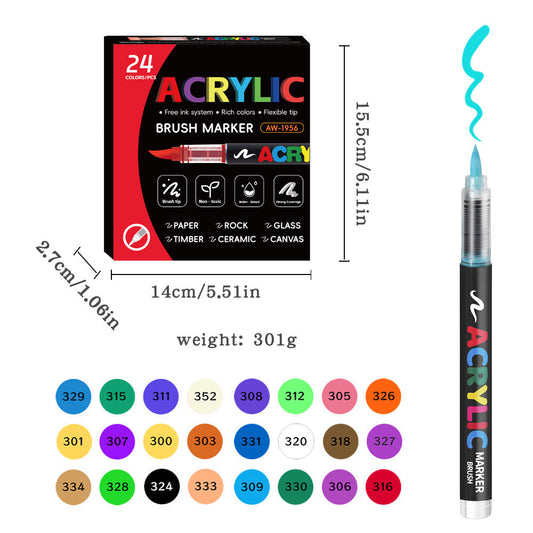 Acrylic Brush Marker â€“ 24-Pack, Water-Based Ink, Flexible Tip, for Multi-Surface Art and Labeling