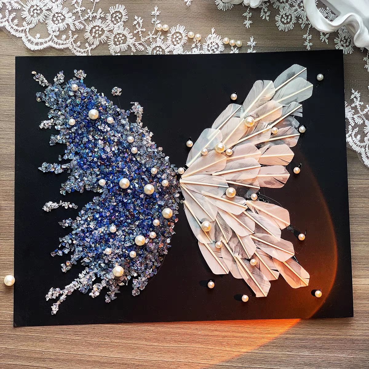 Crystal Feather Butterfly DIY Craft Kit â€“ Handmade Art Material Set with Natural Feathers, Beads and Frame for Home Decoration or Gift Making