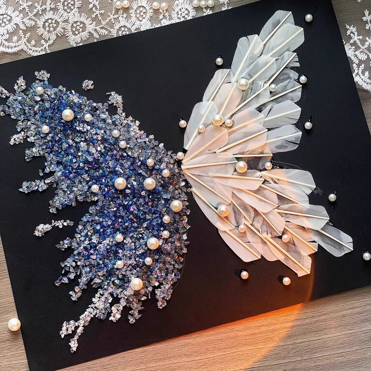 Crystal Feather Butterfly DIY Craft Kit â€“ Handmade Art Material Set with Natural Feathers, Beads and Frame for Home Decoration or Gift Making