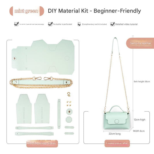 Mint green Leather Bag DIY Kit â€“ Geometric Shoulder Bag Making Material Set with Pre-Punched Cowhide, Tools for Hand Stitching