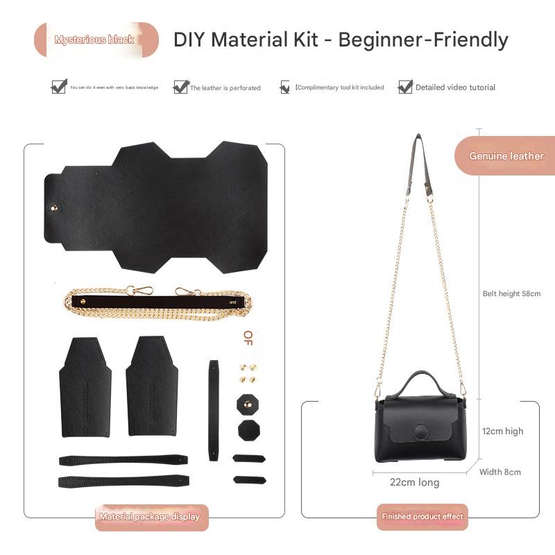Black Leather Bag DIY Kit â€“ Geometric Shoulder Bag Making Material Set with Pre-Punched Cowhide, Tools for Hand Stitching