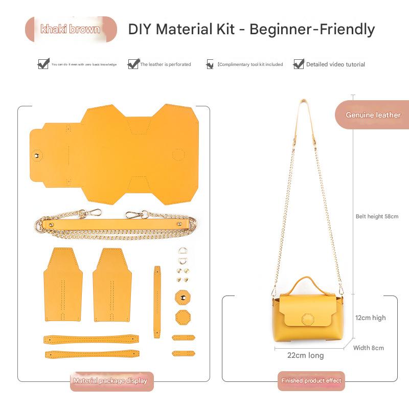 Khaki brown Leather Bag DIY Kit â€“ Geometric Shoulder Bag Making Material Set with Pre-Punched Cowhide, Tools for Hand Stitching