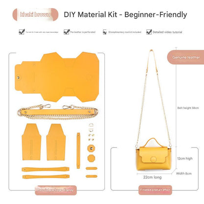 Khaki brown Leather Bag DIY Kit â€“ Geometric Shoulder Bag Making Material Set with Pre-Punched Cowhide, Tools for Hand Stitching