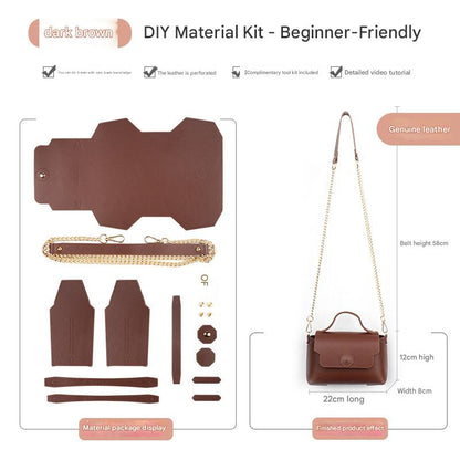 Dark brown Leather Bag DIY Kit â€“ Geometric Shoulder Bag Making Material Set with Pre-Punched Cowhide, Tools for Hand Stitching