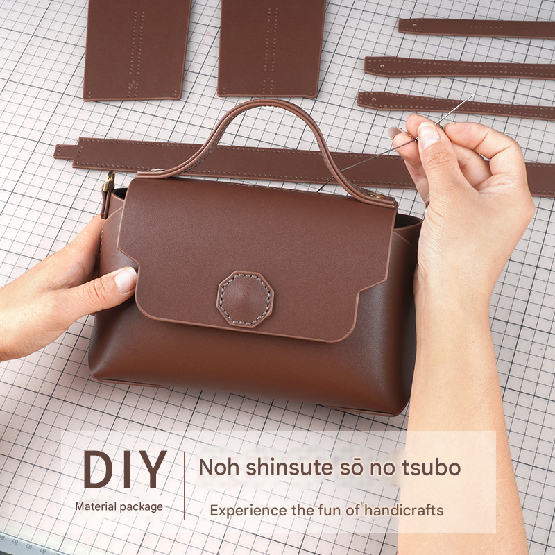 Dark brown Leather Bag DIY Kit â€“ Geometric Shoulder Bag Making Material Set with Pre-Punched Cowhide, Tools for Hand Stitching