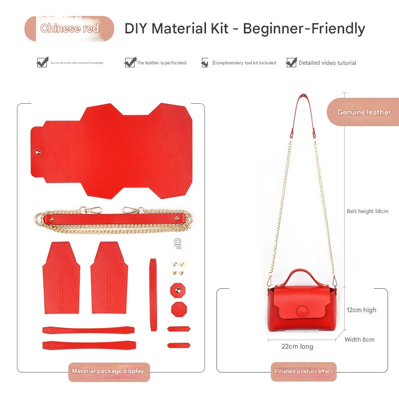 Red Leather Bag DIY Kit â€“ Geometric Shoulder Bag Making Material Set with Pre-Punched Cowhide, Tools for Hand Stitching