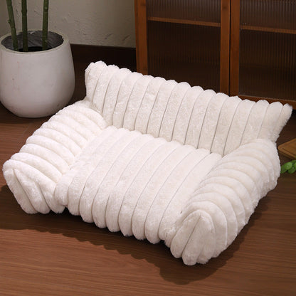 White  Plush Ribbed Pet Sofa Bed for Dogs and Cats - Thickened Milk Velvet Cushion, Large Comfy Dog Sofa(50*40*20cm)
