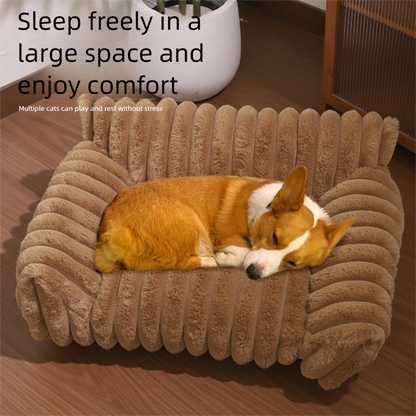 White  Plush Ribbed Pet Sofa Bed for Dogs and Cats - Thickened Milk Velvet Cushion, Large Comfy Dog Sofa(50*40*20cm)