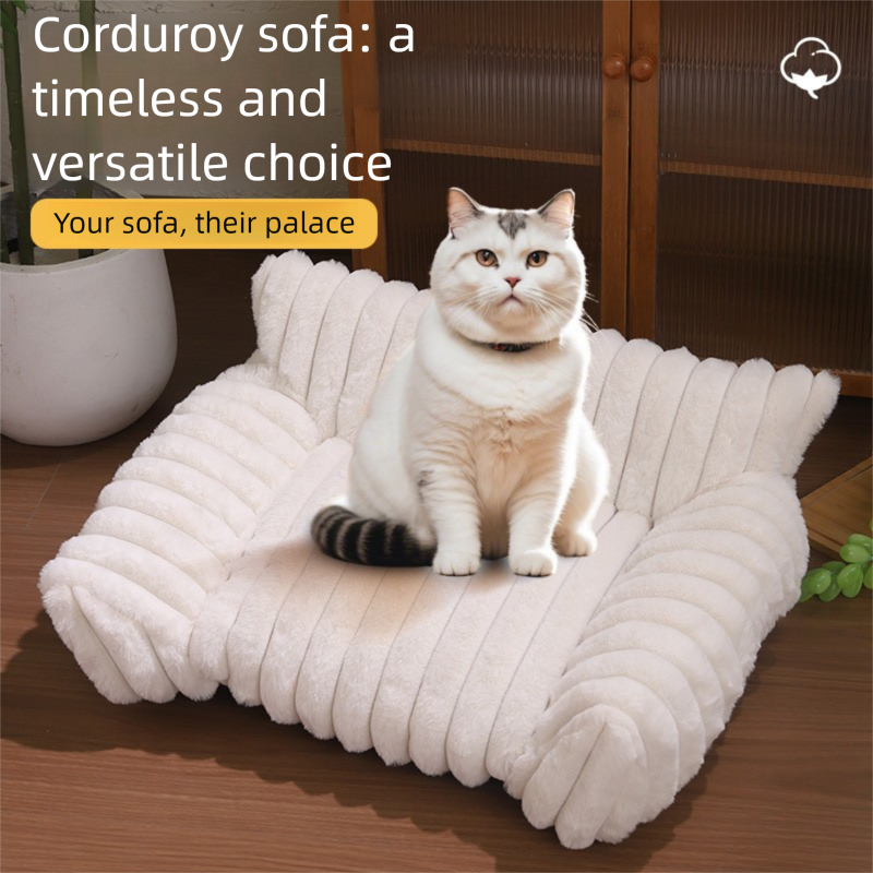 White  Plush Ribbed Pet Sofa Bed for Dogs and Cats - Thickened Milk Velvet Cushion, Large Comfy Dog Sofa(50*40*20cm)