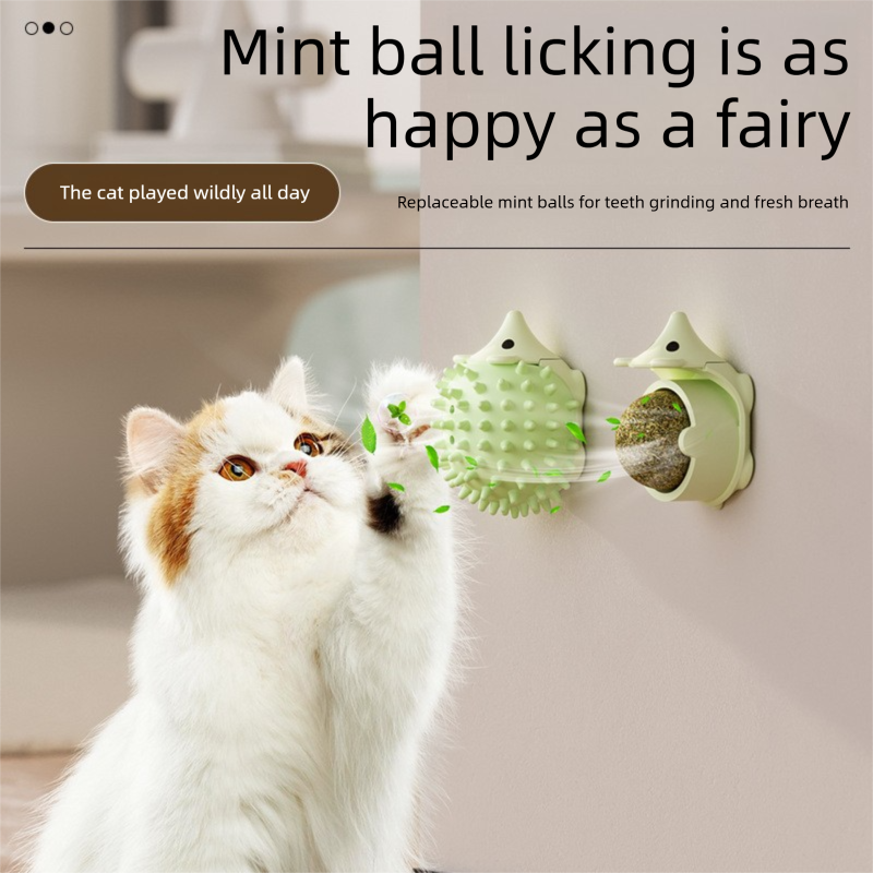 3-Pack Cat Hedgehog Lick Toys â€“ Rotating Catnip Ball Scratcher with Adhesive Mount, ABS Self-Play Wall Toy in Green, Blue & Brown