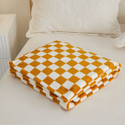Yellow and white checkered pattern Double-Sided Plaid Fleece Blanket â€“ 100Ã—150cm Machine Washable, No-Shedding Flannel Throw for Office, Air Conditioning & Nap Use
