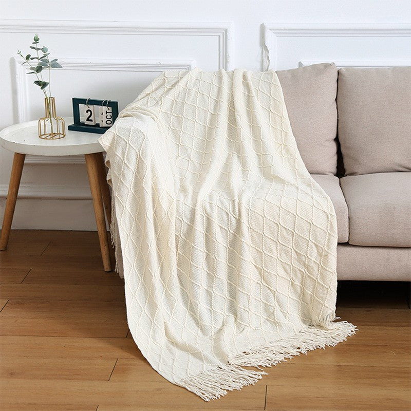 Beige Nordic Minimalist Knit Throw Blanket â€“ 127Ã—180cm Lightweight, Soft & Breathable Fleece-like Fabric with Tassel Edges for Sofa, Bed, Yoga & Air Conditioning Use