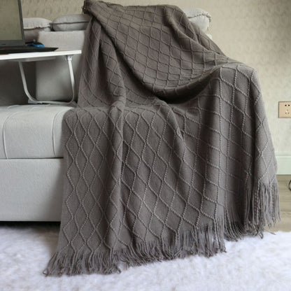 Smoky grey Nordic Minimalist Knit Throw Blanket â€“ 127Ã—180cm Lightweight, Soft & Breathable Fleece-like Fabric with Tassel Edges for Sofa, Bed, Yoga & Air Conditioning Use