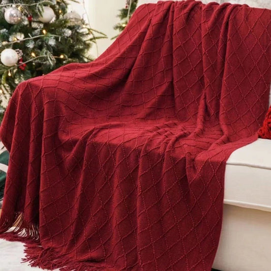 Red Nordic Minimalist Knit Throw Blanket â€“ 127Ã—180cm Lightweight, Soft & Breathable Fleece-like Fabric with Tassel Edges for Sofa, Bed, Yoga & Air Conditioning Use