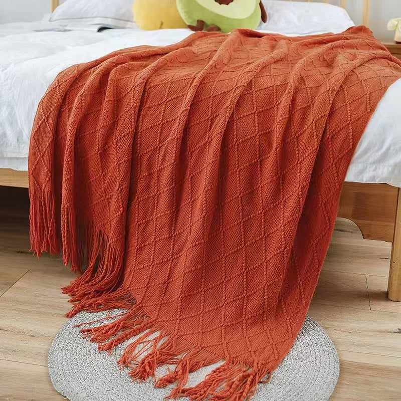 Brick-red Nordic Minimalist Knit Throw Blanket â€“ 127Ã—180cm Lightweight, Soft & Breathable Fleece-like Fabric with Tassel Edges for Sofa, Bed, Yoga & Air Conditioning Use