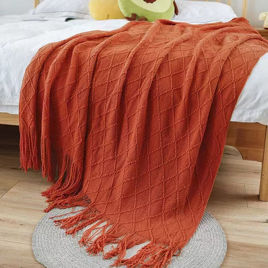 Brick-red Nordic Minimalist Knit Throw Blanket â€“ 127Ã—180cm Lightweight, Soft & Breathable Fleece-like Fabric with Tassel Edges for Sofa, Bed, Yoga & Air Conditioning Use