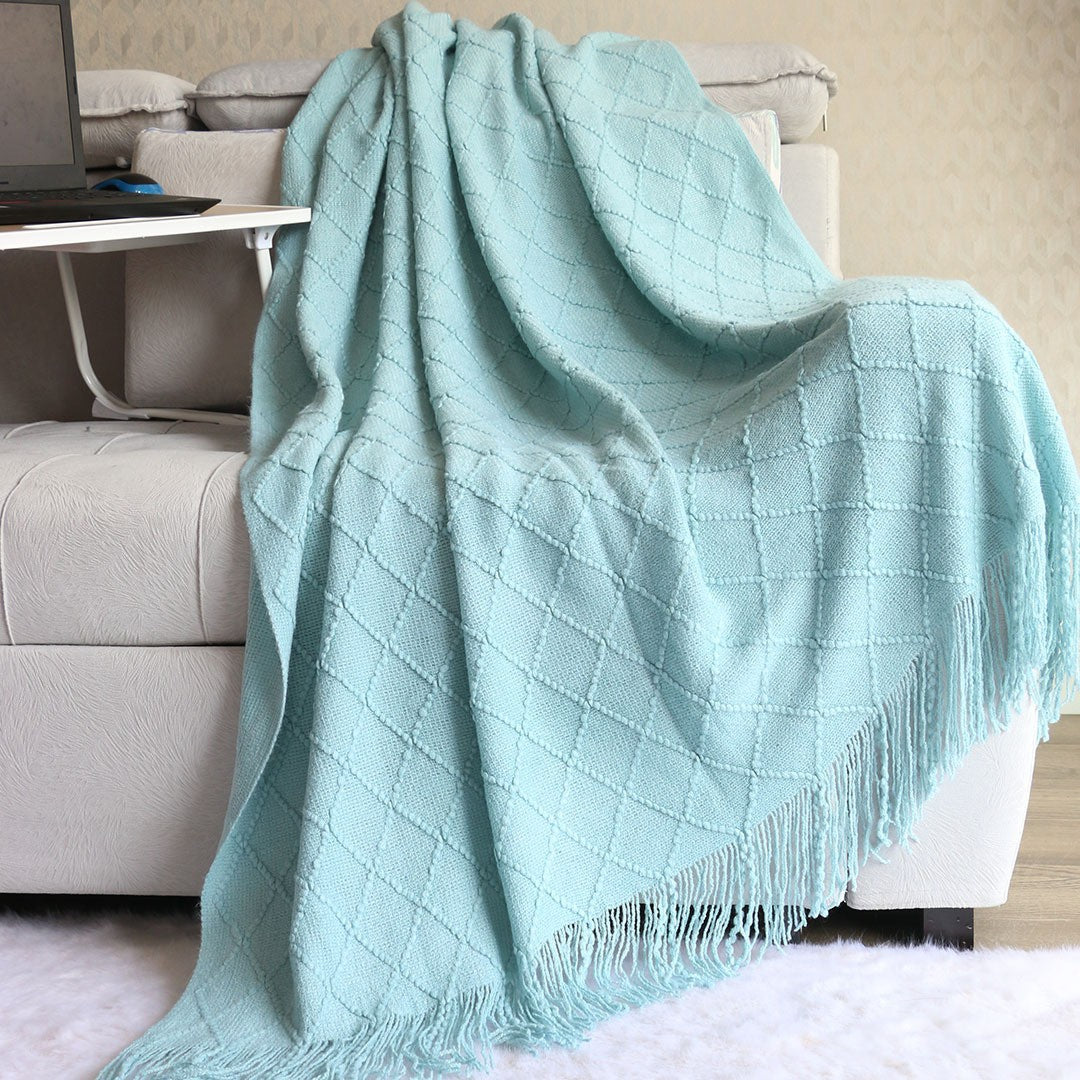 Lake blue Nordic Minimalist Knit Throw Blanket â€“ 127Ã—180cm Lightweight, Soft & Breathable Fleece-like Fabric with Tassel Edges for Sofa, Bed, Yoga & Air Conditioning Use