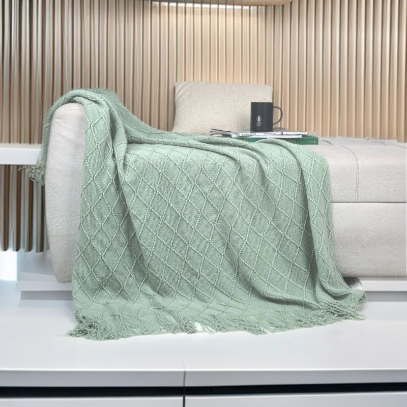 Mint green Nordic Minimalist Knit Throw Blanket â€“ 127Ã—180cm Lightweight, Soft & Breathable Fleece-like Fabric with Tassel Edges for Sofa, Bed, Yoga & Air Conditioning Use