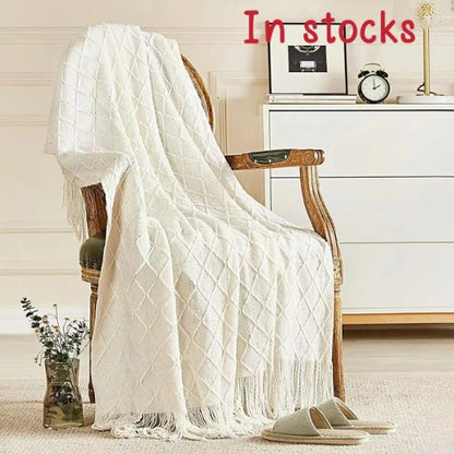 Mint green Nordic Minimalist Knit Throw Blanket â€“ 127Ã—180cm Lightweight, Soft & Breathable Fleece-like Fabric with Tassel Edges for Sofa, Bed, Yoga & Air Conditioning Use