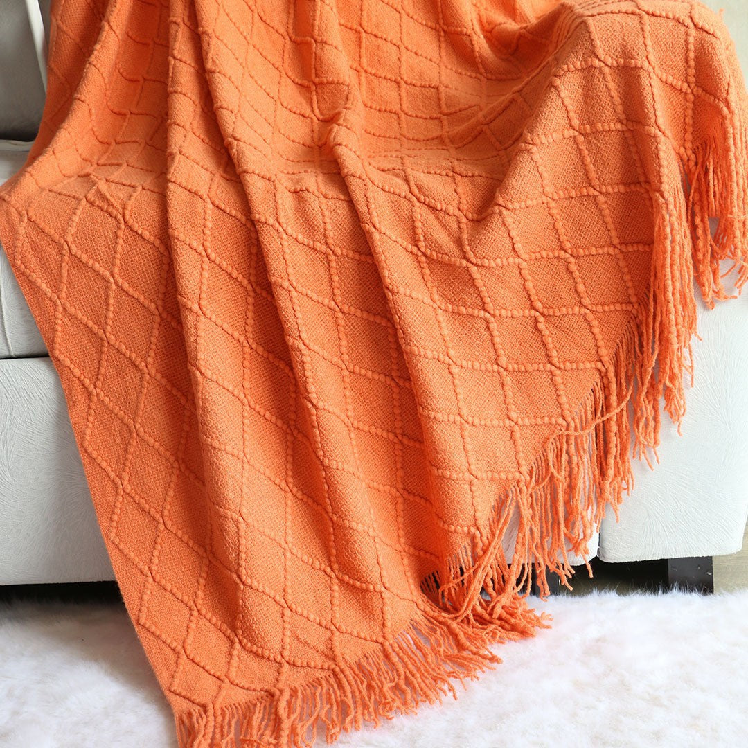Orange-red Nordic Minimalist Knit Throw Blanket â€“ 127Ã—180cm Lightweight, Soft & Breathable Fleece-like Fabric with Tassel Edges for Sofa, Bed, Yoga & Air Conditioning Use