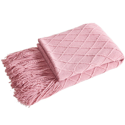Pink Nordic Minimalist Knit Throw Blanket â€“ 127Ã—180cm Lightweight, Soft & Breathable Fleece-like Fabric with Tassel Edges for Sofa, Bed, Yoga & Air Conditioning Use