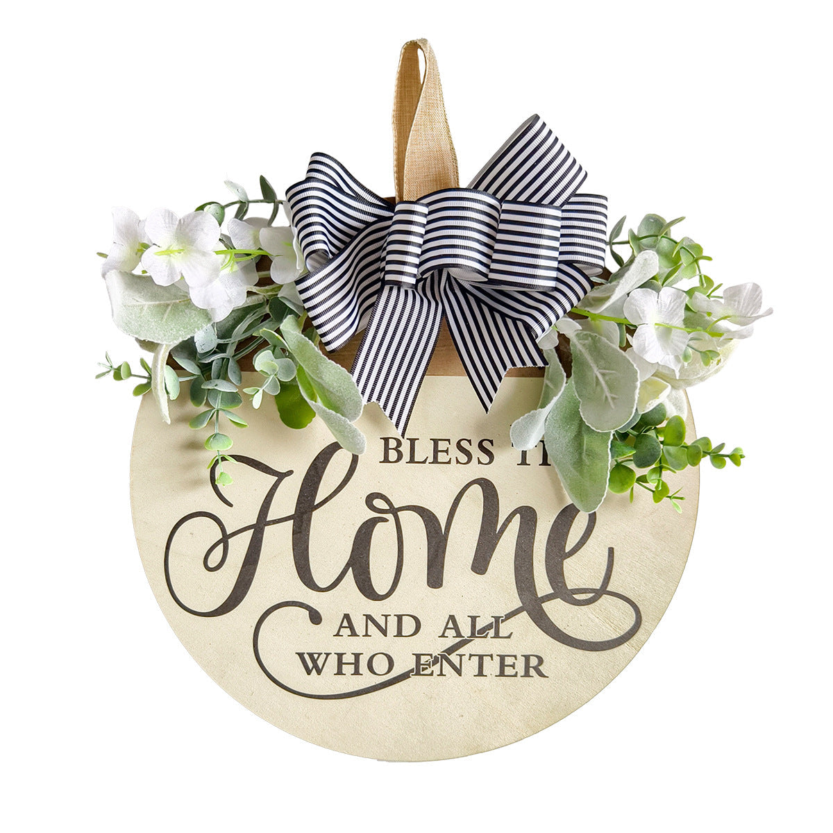 Rustic Wooden Door Hanger â€“ "Bless This Home and All Who Enter" Round Sign with Artificial Flowers & Striped Bow for Front Door, Porch, or Entryway Decor