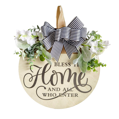 Rustic Wooden Door Hanger â€“ "Bless This Home and All Who Enter" Round Sign with Artificial Flowers & Striped Bow for Front Door, Porch, or Entryway Decor