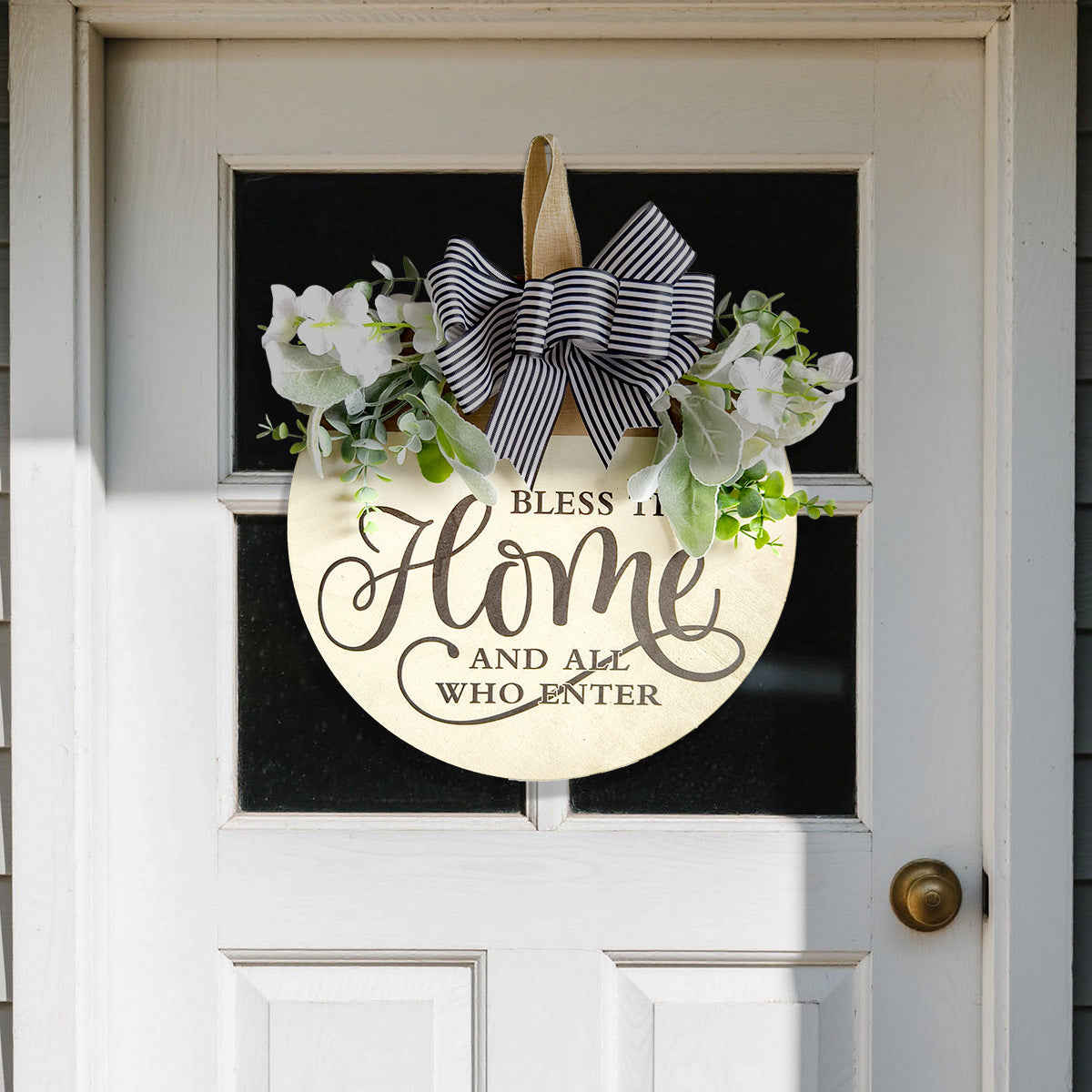 Rustic Wooden Door Hanger â€“ "Bless This Home and All Who Enter" Round Sign with Artificial Flowers & Striped Bow for Front Door, Porch, or Entryway Decor