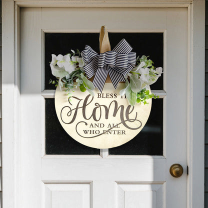 Rustic Wooden Door Hanger â€“ "Bless This Home and All Who Enter" Round Sign with Artificial Flowers & Striped Bow for Front Door, Porch, or Entryway Decor