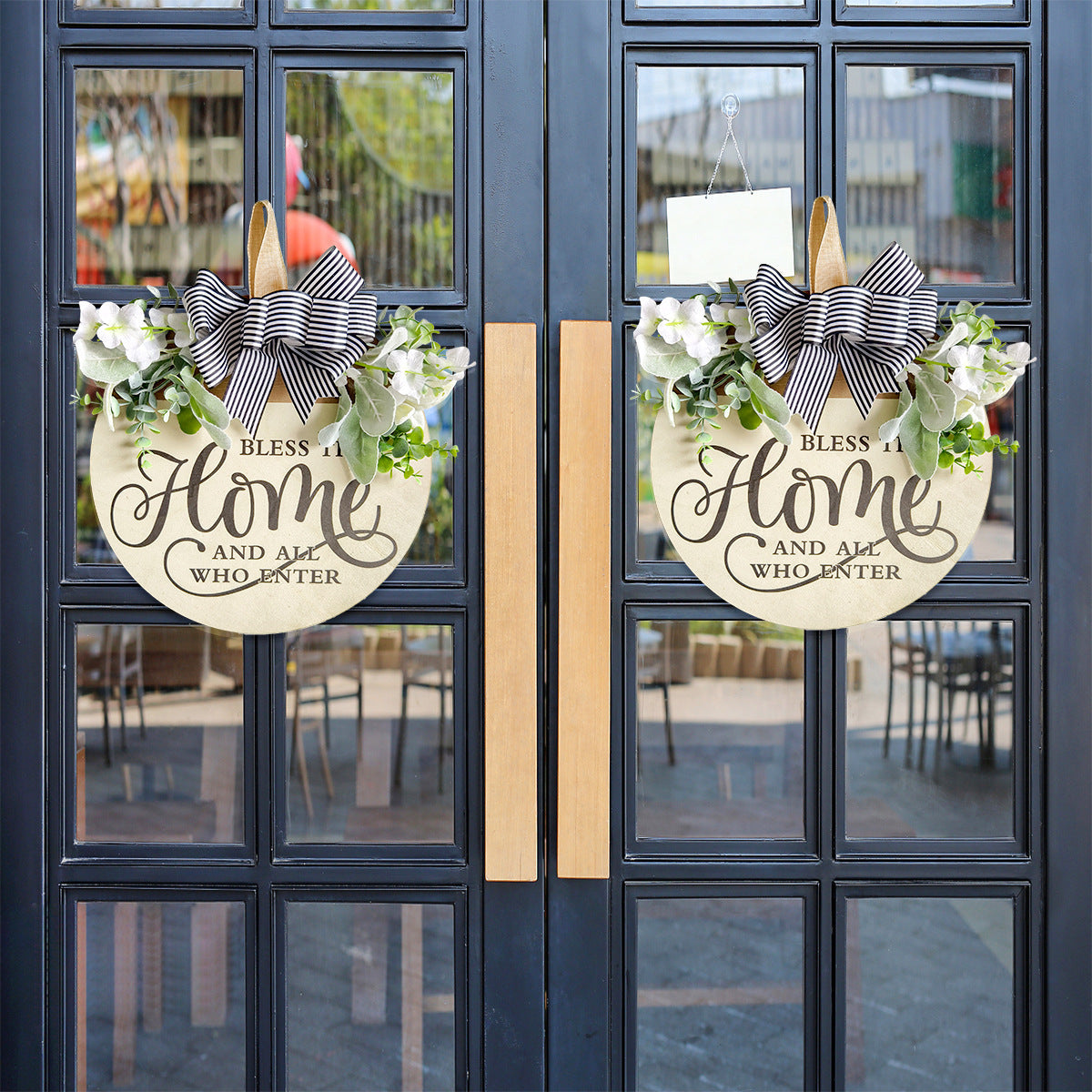 Rustic Wooden Door Hanger â€“ "Bless This Home and All Who Enter" Round Sign with Artificial Flowers & Striped Bow for Front Door, Porch, or Entryway Decor