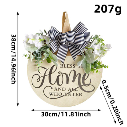 Rustic Wooden Door Hanger â€“ "Bless This Home and All Who Enter" Round Sign with Artificial Flowers & Striped Bow for Front Door, Porch, or Entryway Decor