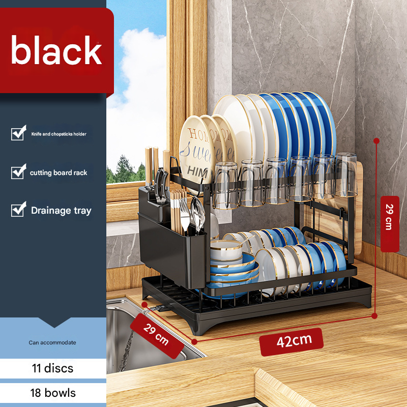 Black Foldable Dish Rack with Drain Tray, Knife & Chopstick Holder, Cup Rack, and Cutting Board Support â€“ 42cm x 29cm x 29cm, Easy-Install Kitchen Storage Organizer for Plates, Bowls, Glasses, and Utensils