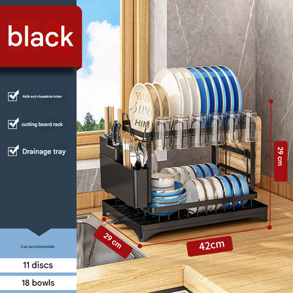 Black Foldable Dish Rack with Drain Tray, Knife & Chopstick Holder, Cup Rack, and Cutting Board Support â€“ 42cm x 29cm x 29cm, Easy-Install Kitchen Storage Organizer for Plates, Bowls, Glasses, and Utensils