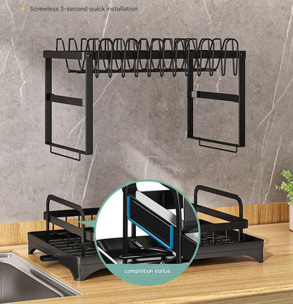 Black Foldable Dish Rack with Drain Tray, Knife & Chopstick Holder, Cup Rack, and Cutting Board Support â€“ 42cm x 29cm x 29cm, Easy-Install Kitchen Storage Organizer for Plates, Bowls, Glasses, and Utensils