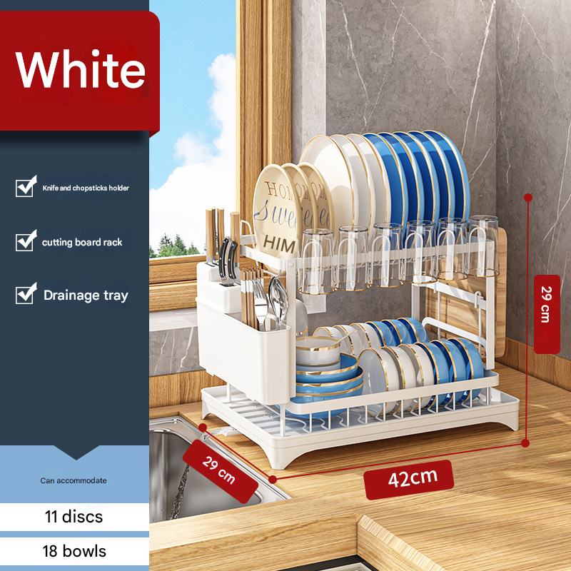 White Foldable Dish Rack with Drain Tray, Knife & Chopstick Holder, Cup Rack, and Cutting Board Support â€“ 42cm x 29cm x 29cm, Easy-Install Kitchen Storage Organizer for Plates, Bowls, Glasses, and Utensils