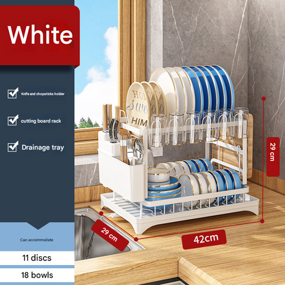 White Foldable Dish Rack with Drain Tray, Knife & Chopstick Holder, Cup Rack, and Cutting Board Support â€“ 42cm x 29cm x 29cm, Easy-Install Kitchen Storage Organizer for Plates, Bowls, Glasses, and Utensils
